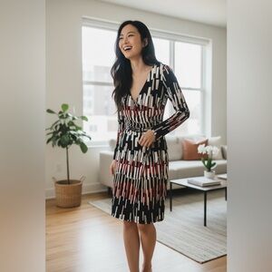 Vintage Allen Schwartz Mod Faux Wrap Dress Knee Length Color Block Geometric